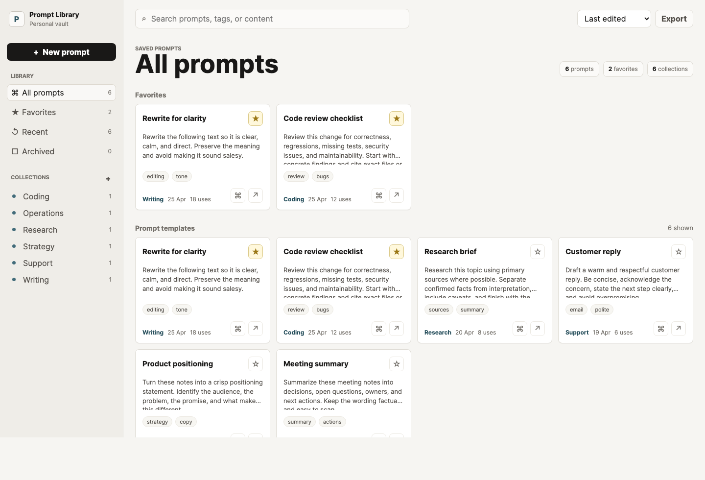 Prompt Library app interface with sidebar, prompt cards, and editor preview